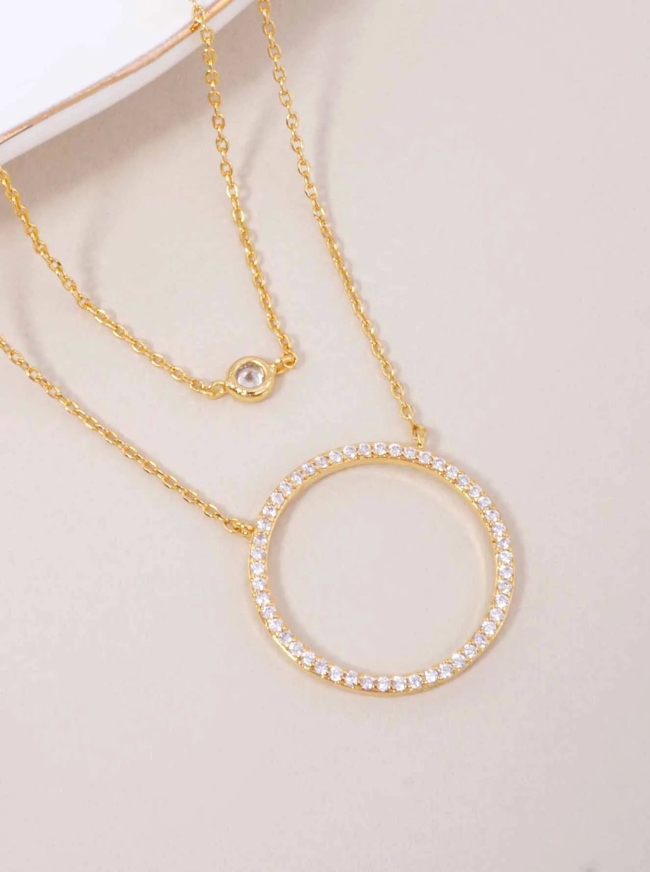 CZ Circle Pendant 18K-Gold-Dipped Layered Necklace