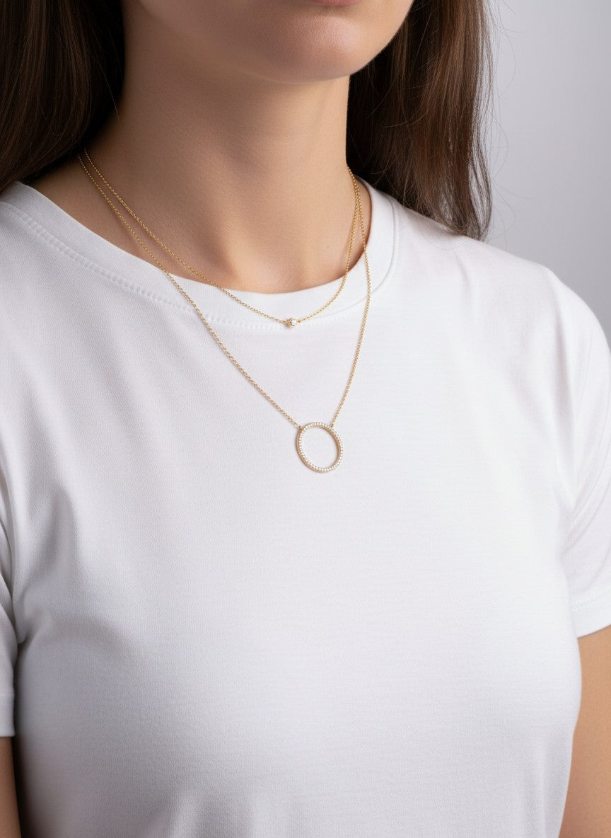 CZ Circle Pendant 18K-Gold-Dipped Layered Necklace