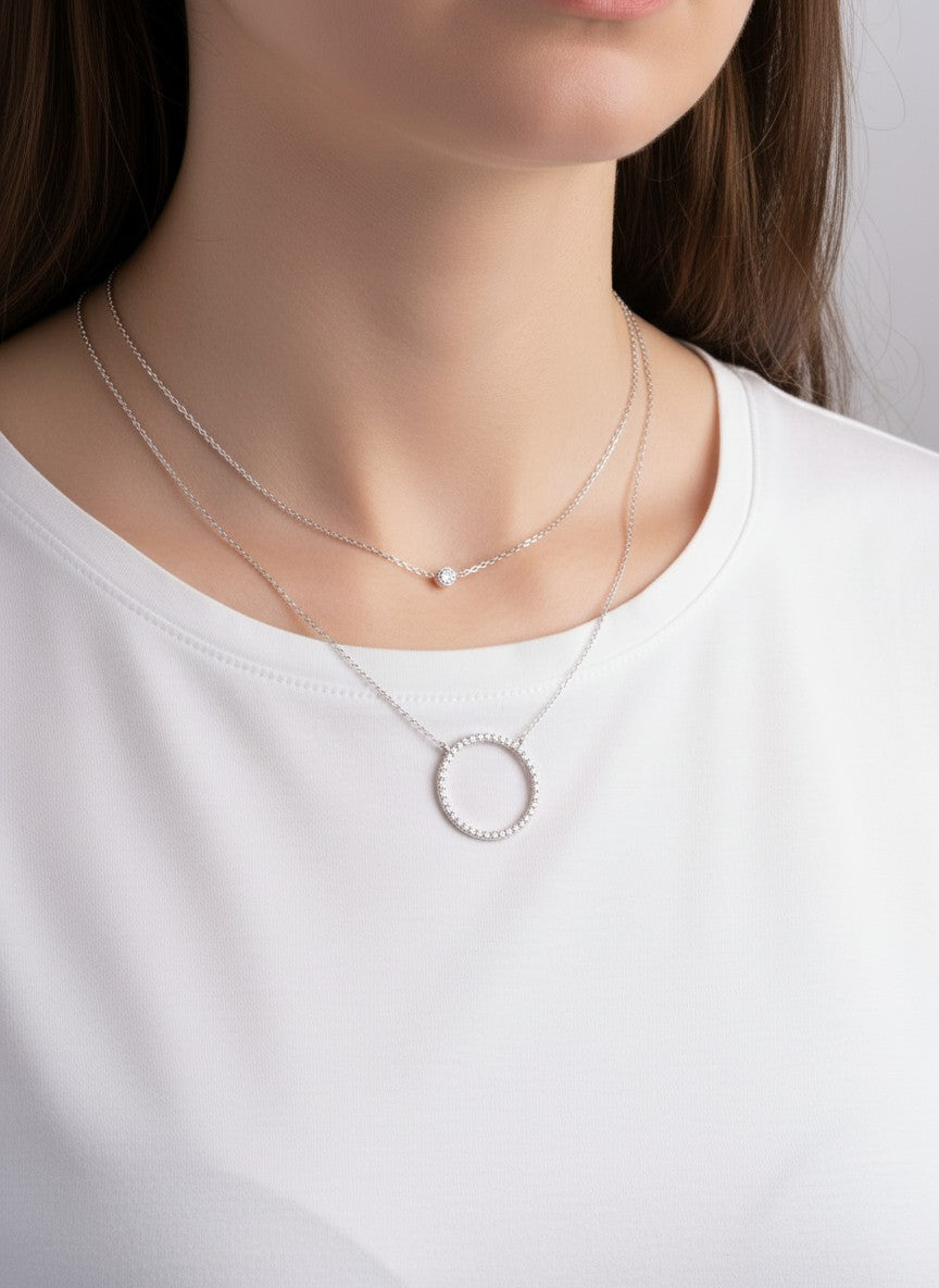 CZ Circle Pendant 18K-Gold-Dipped Layered Necklace
