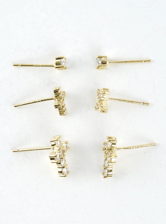 CZ Cross Prong Set 3 Pair Stud Earrings