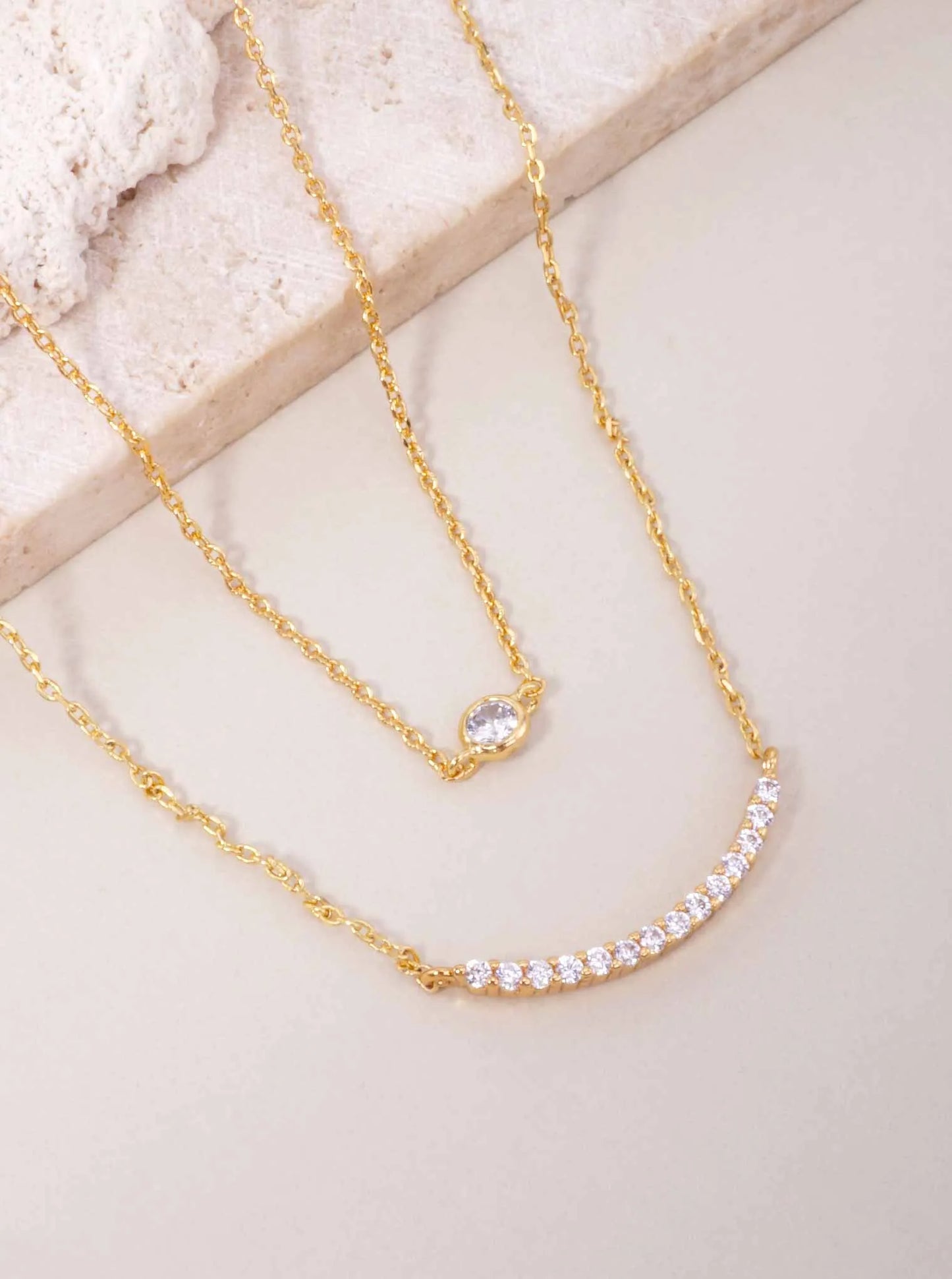 CZ Curved Bar 18K-Gold-Dipped Layered Necklace