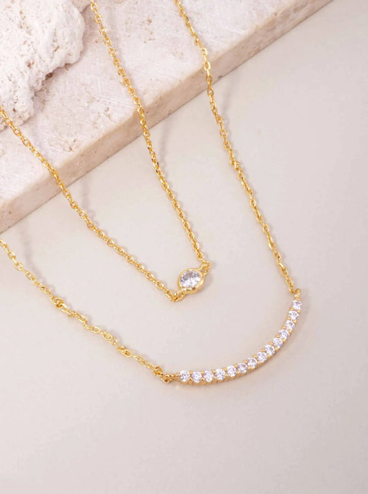 CZ Curved Bar 18K-Gold-Dipped Layered Necklace