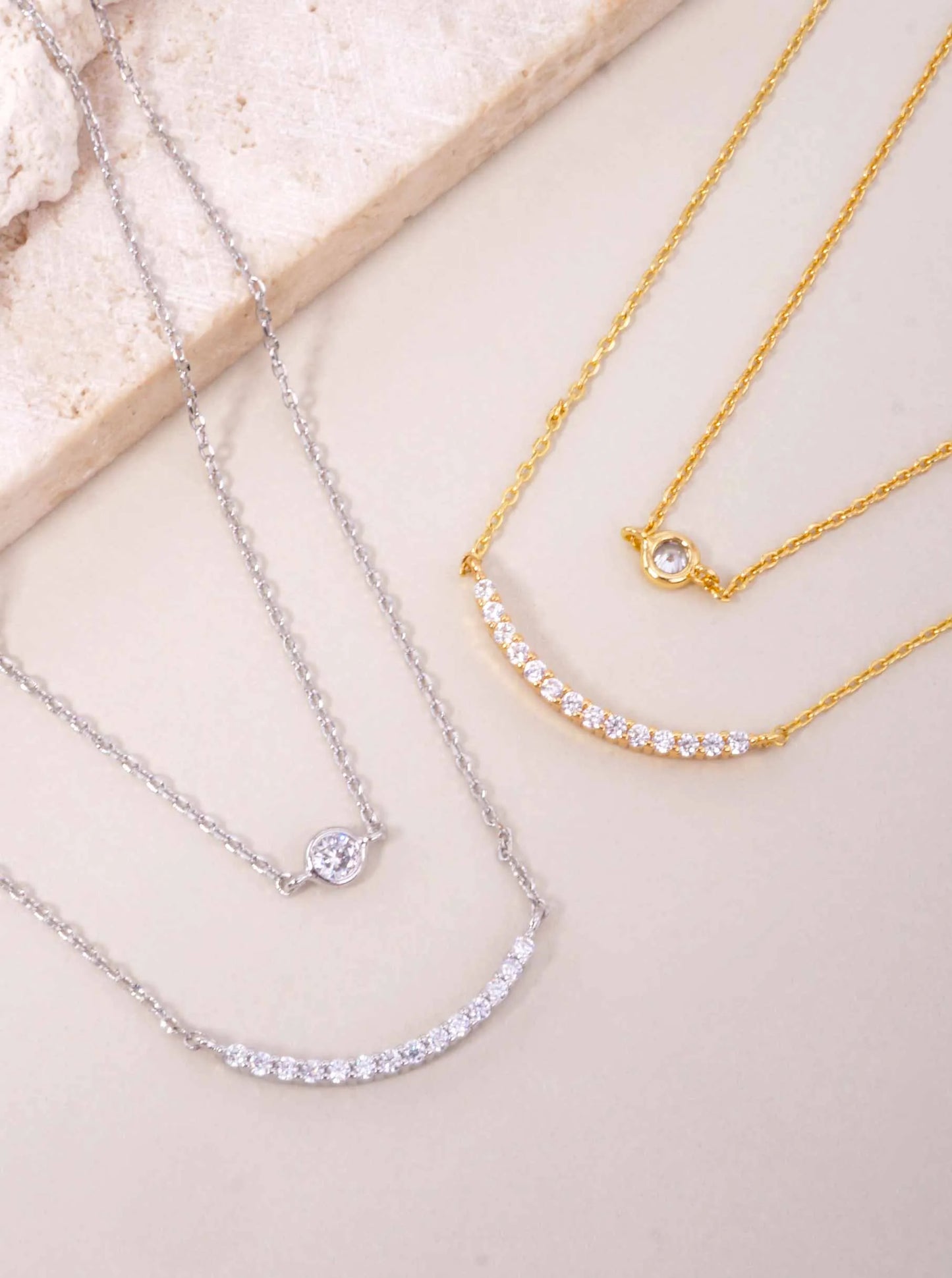 CZ Curved Bar 18K-Gold-Dipped Layered Necklace