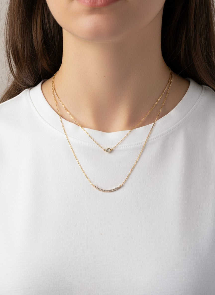 CZ Curved Bar 18K-Gold-Dipped Layered Necklace