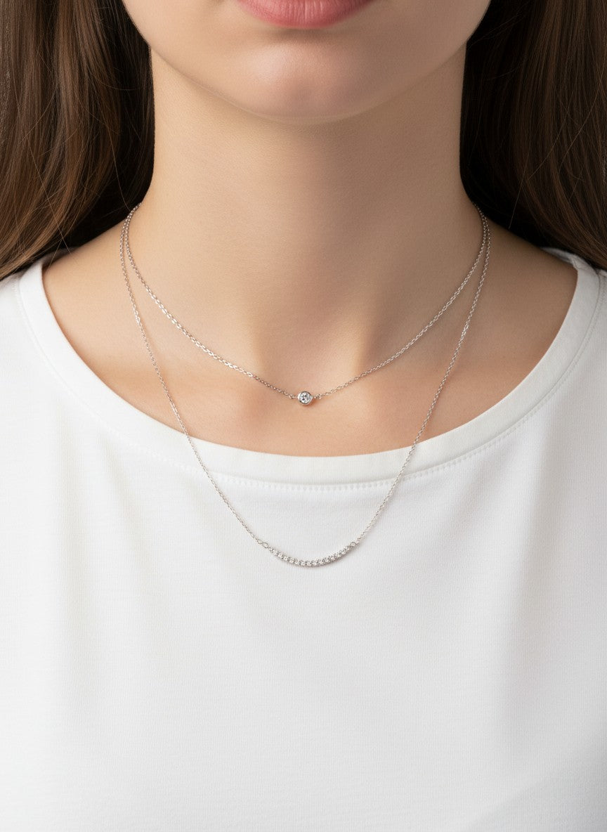 CZ Curved Bar 18K-Gold-Dipped Layered Necklace