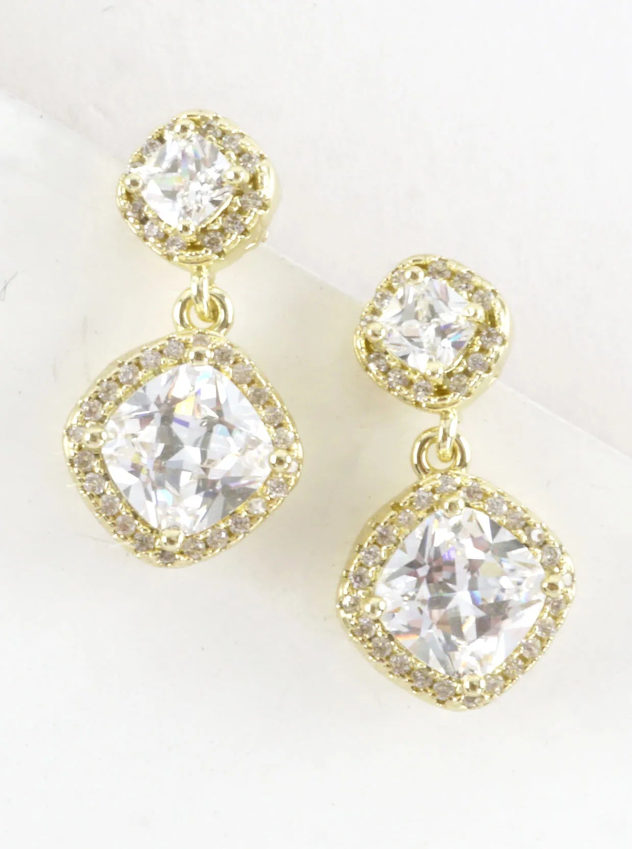 CZ Cushion-Cut Pave Halo Double Drop Earrings