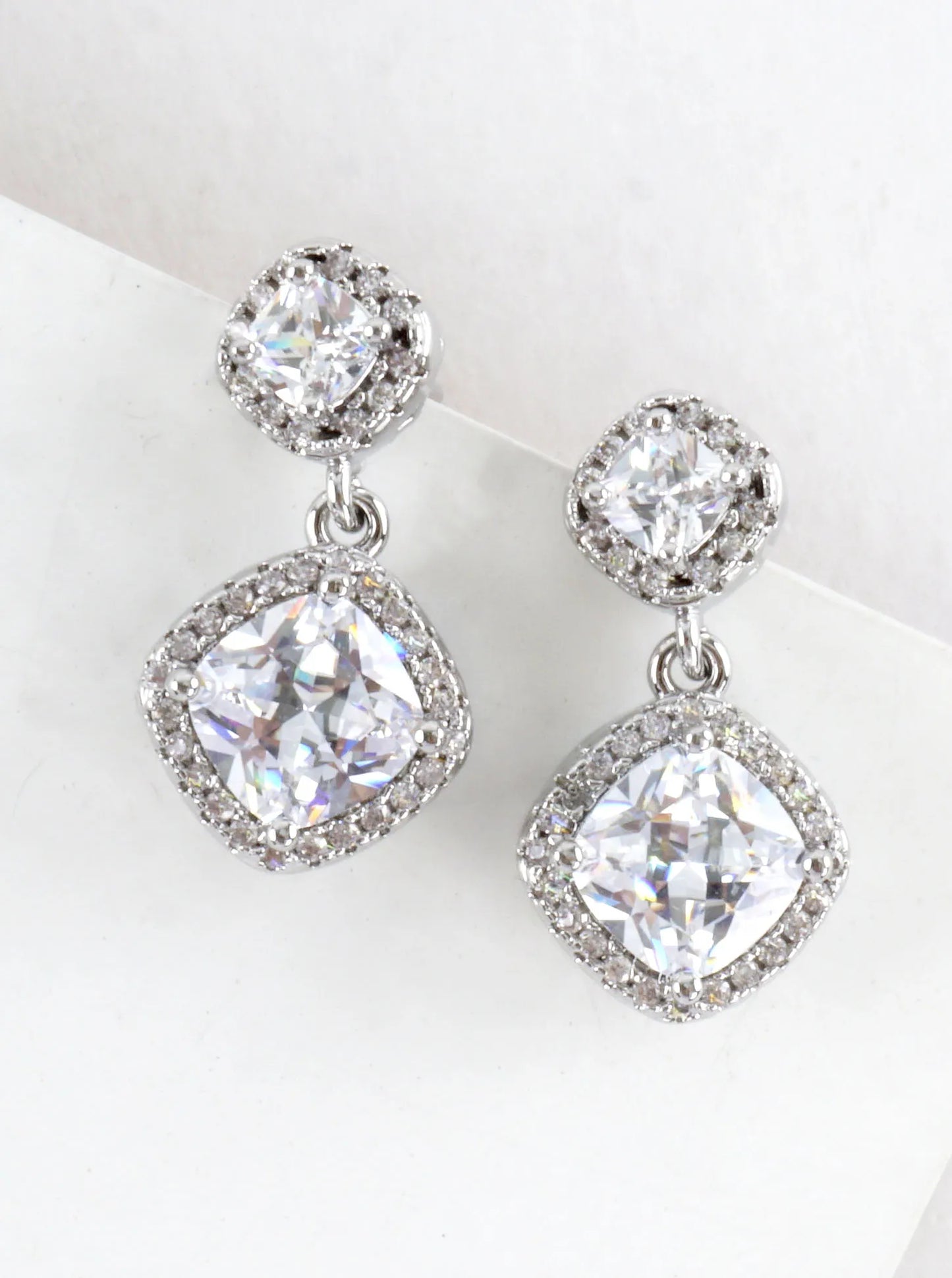 CZ Cushion-Cut Pave Halo Double Drop Earrings