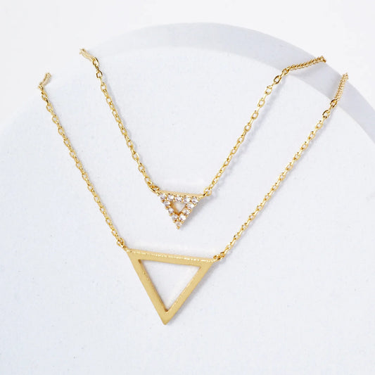 CZ Double Triangle Pendant 18K-Gold-Dipped Layered Necklace