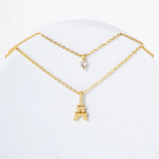 CZ Eiffel-Tower Pendant 18K-Gold-Dipped Layered Necklace