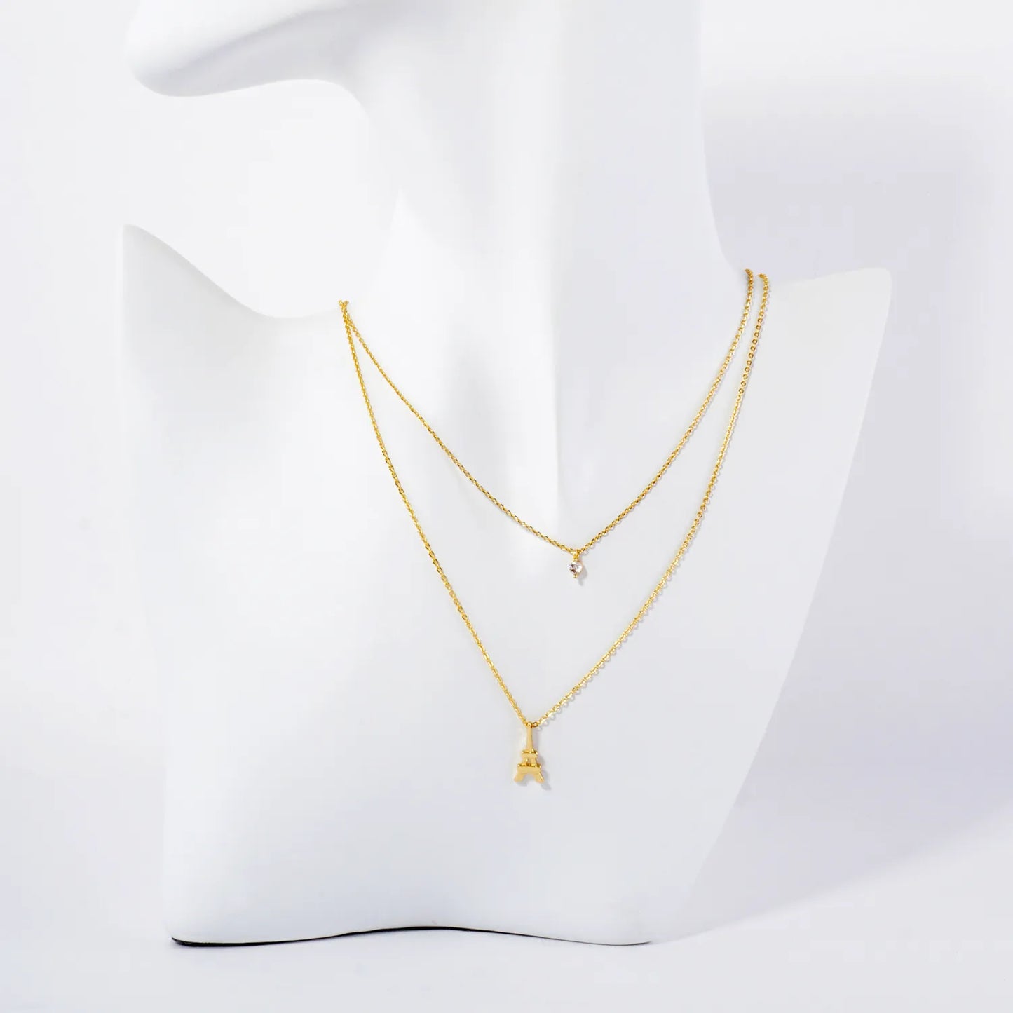 CZ Eiffel-Tower Pendant 18K-Gold-Dipped Layered Necklace