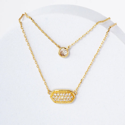CZ Elongated Hexagon Pendant 18K-Gold-Dipped Layered Necklace