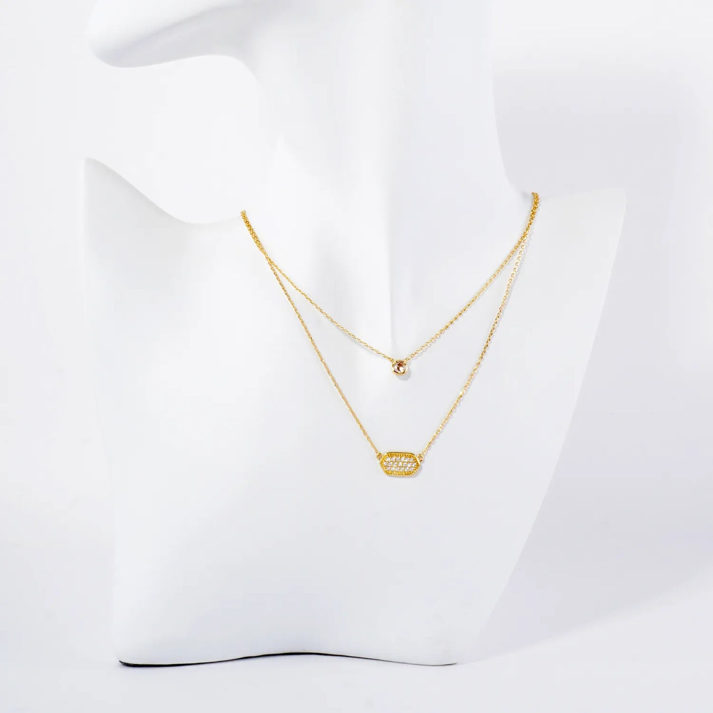 CZ Elongated Hexagon Pendant 18K-Gold-Dipped Layered Necklace
