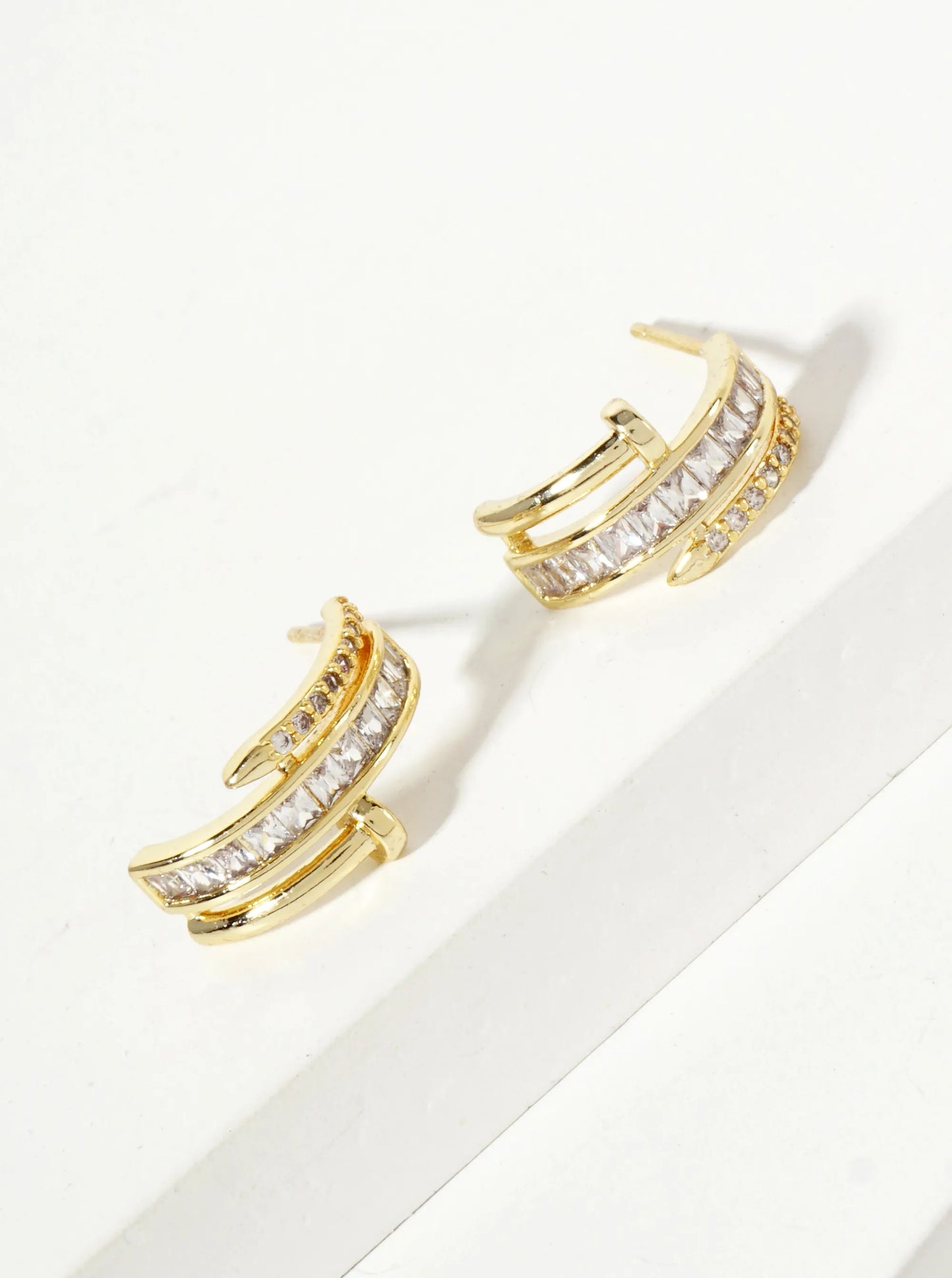 CZ Embellishment Nail Design 13mm 18K-Gold-Dipped Brass Half Hoop Earrings