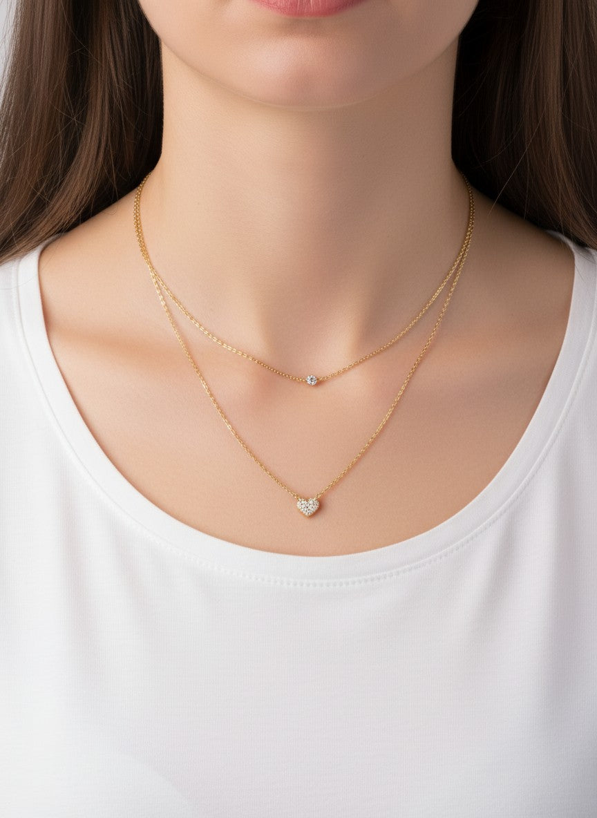 CZ Heart Pendant 18K-Gold-Dipped Layered Necklace