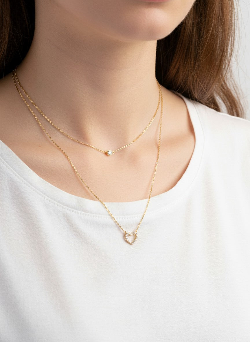 CZ Heart Pendant 18K-Gold-Dipped Layered Necklace