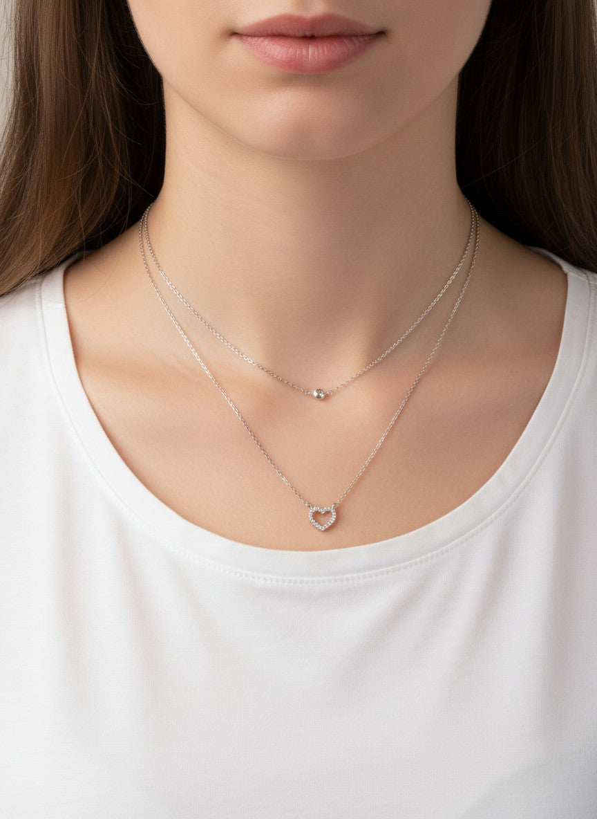 CZ Heart Pendant 18K-Gold-Dipped Layered Necklace