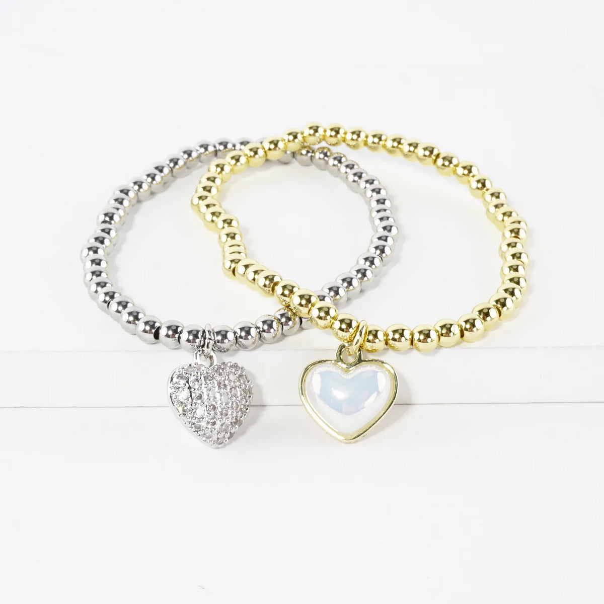 CZ Heart Reversible Stainless Steel Charm Bracelet