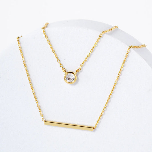 CZ Horizontal Bar Pendant 18K-Gold-Dipped Layered Necklace