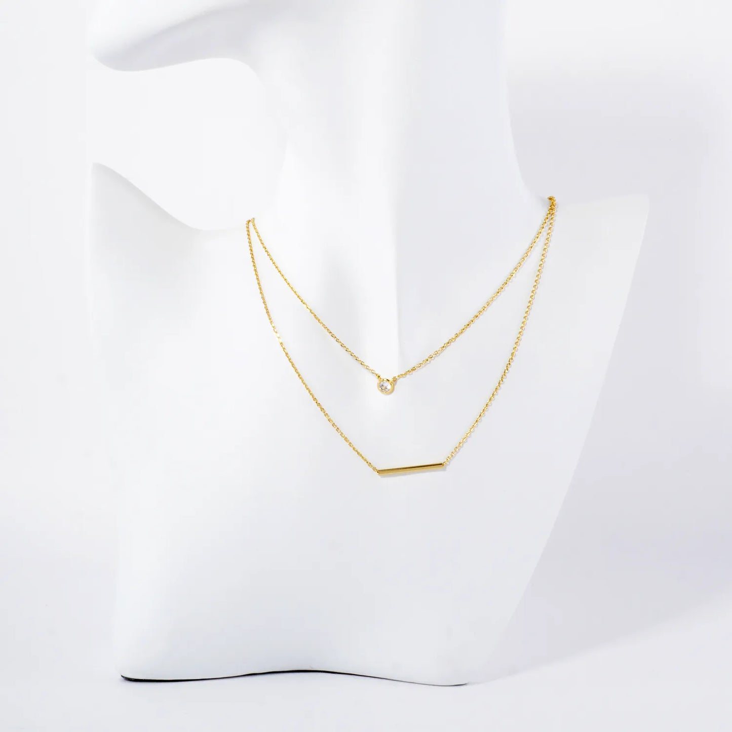 CZ Horizontal Bar Pendant 18K-Gold-Dipped Layered Necklace