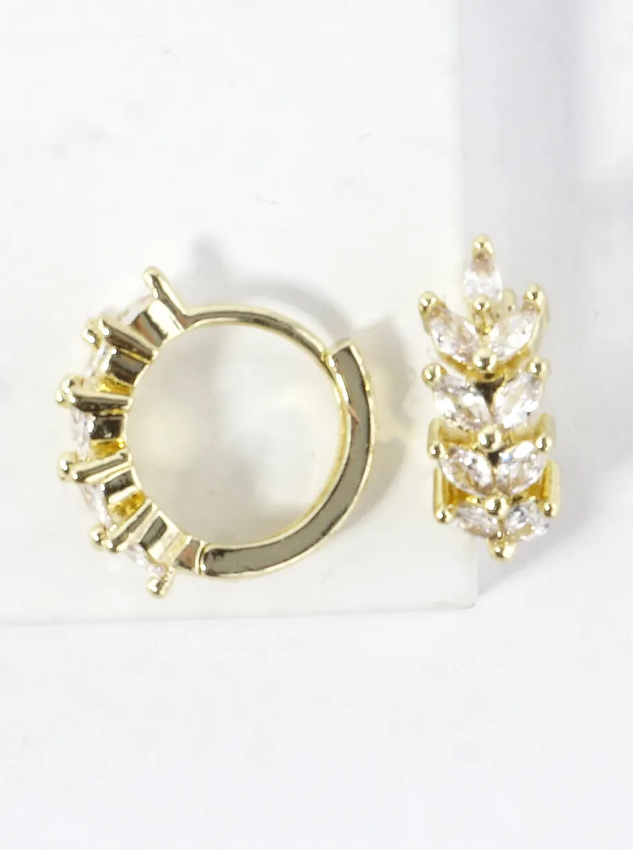 CZ Marquise Laurel Brass Huggie Hoop Earrings