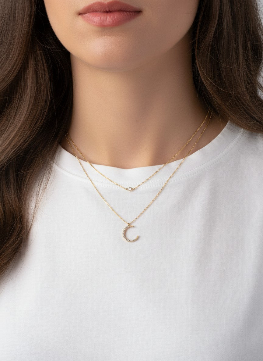 CZ Moon Pendant 18K-Gold-Dipped Layered Necklace