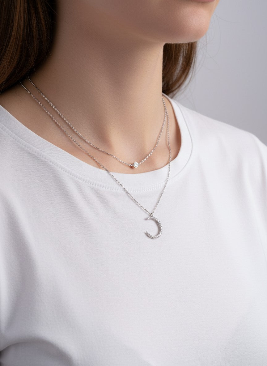 CZ Moon Pendant 18K-Gold-Dipped Layered Necklace