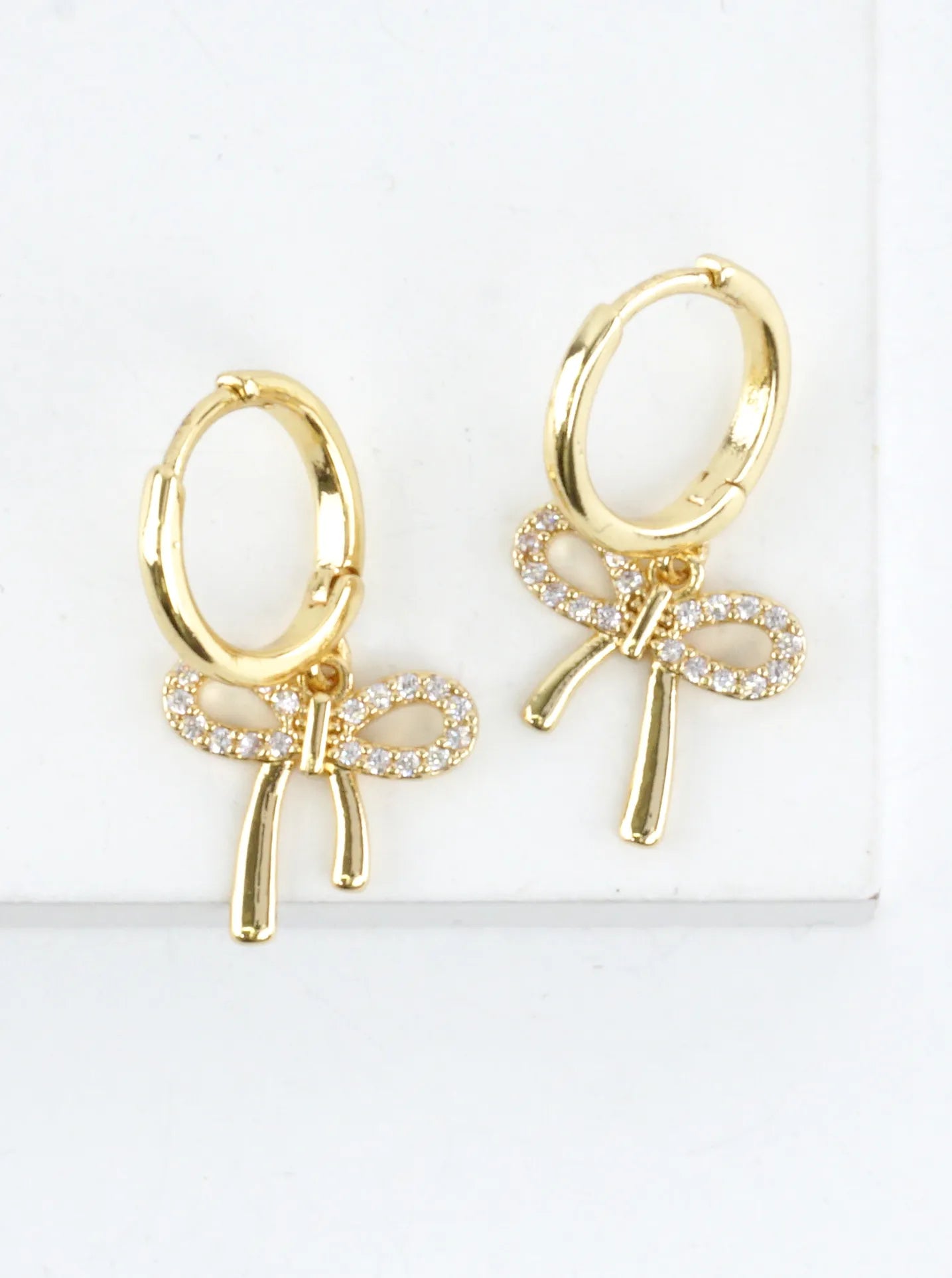 CZ Pave Bow Drop Huggie Earrings