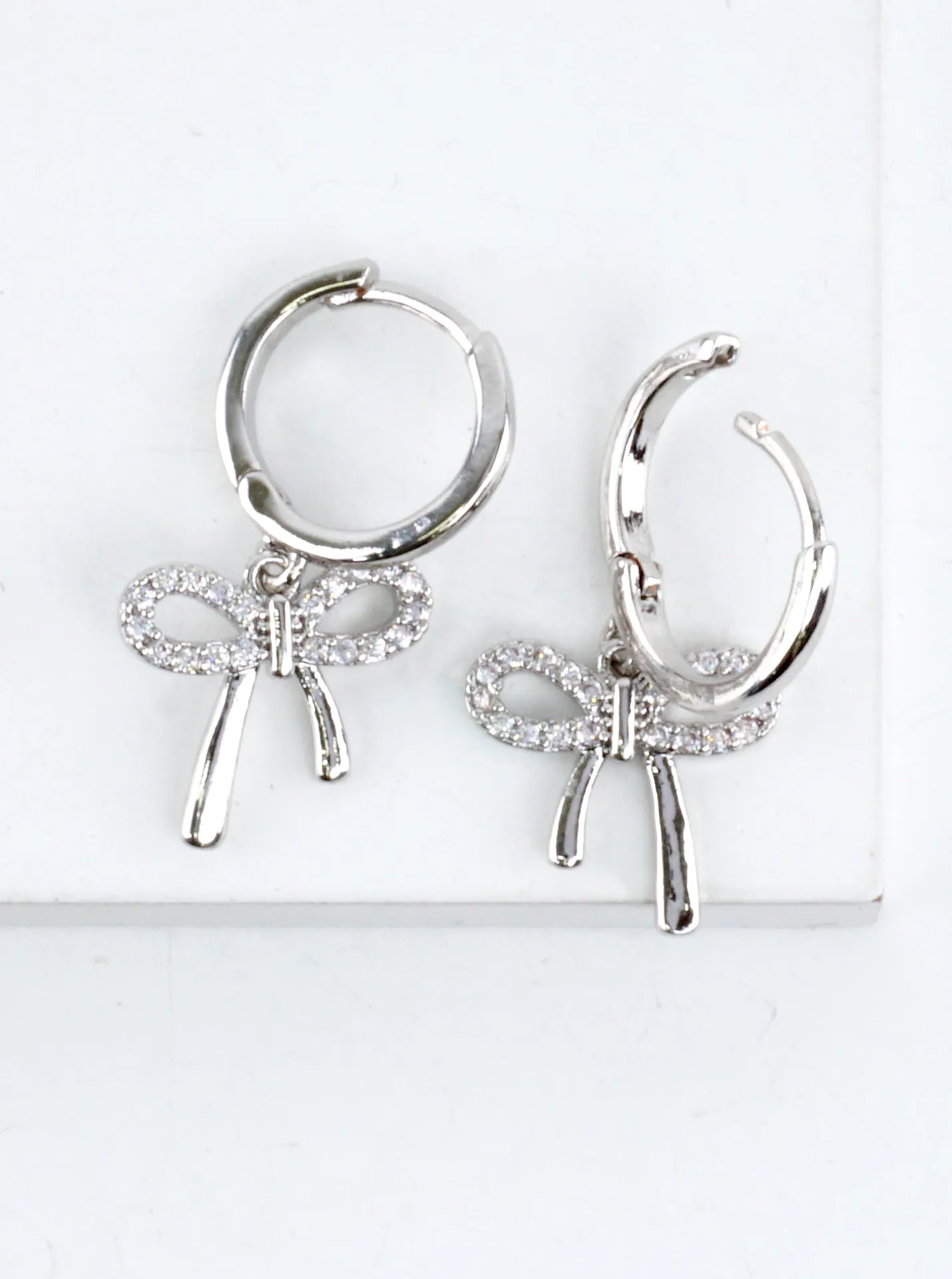 CZ Pave Bow Drop Huggie Earrings