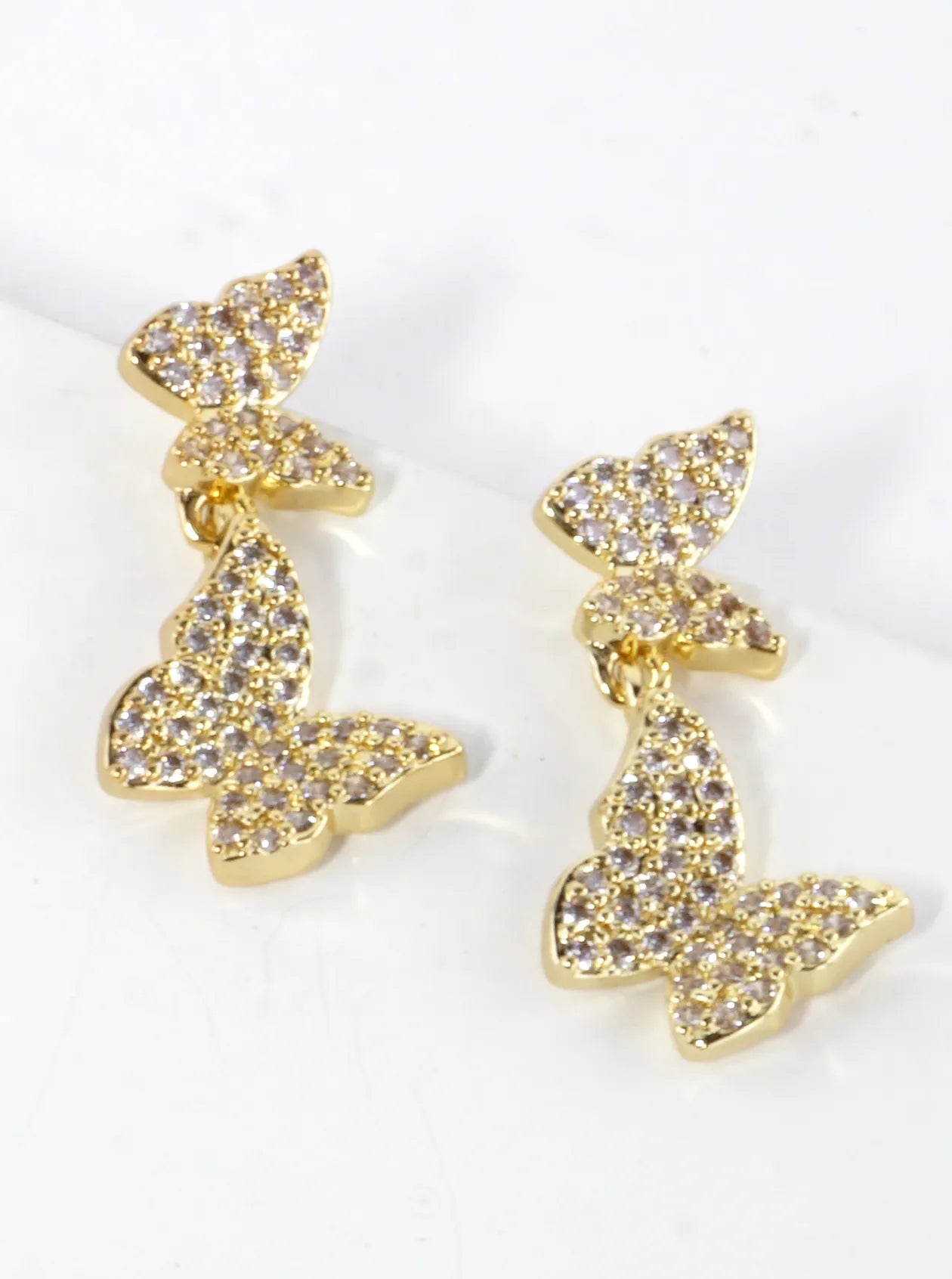 CZ Pave Brass Double Butterfly Dangle Earrings