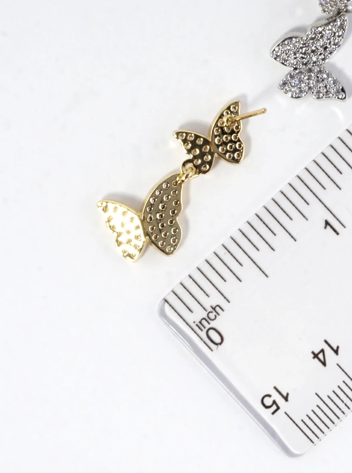 CZ Pave Brass Double Butterfly Dangle Earrings