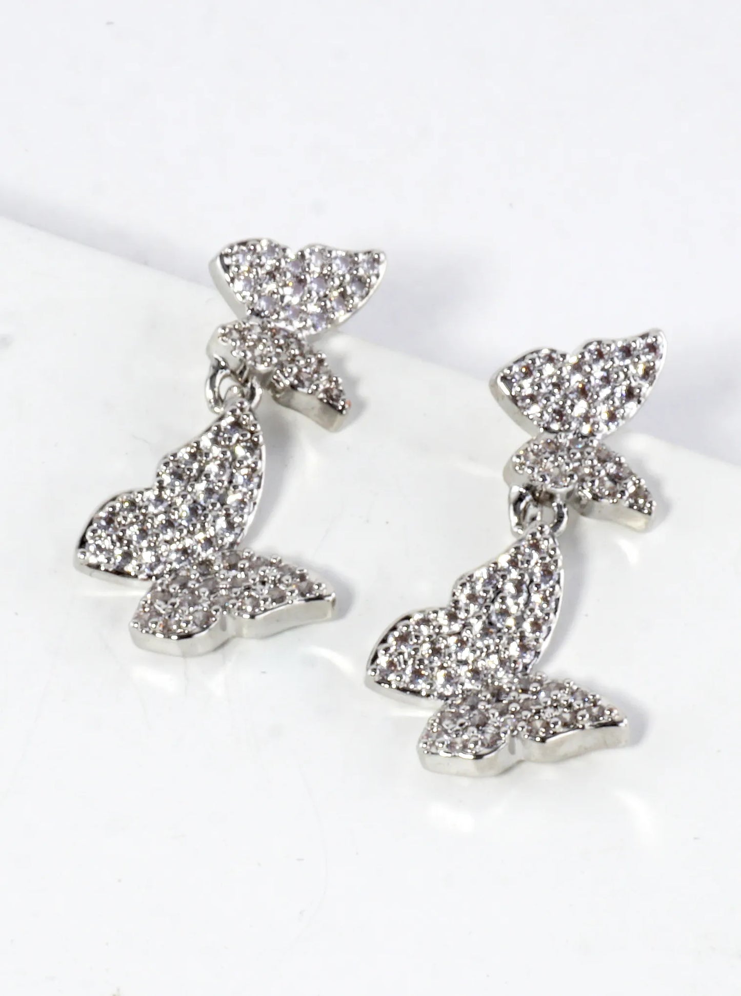 CZ Pave Brass Double Butterfly Dangle Earrings