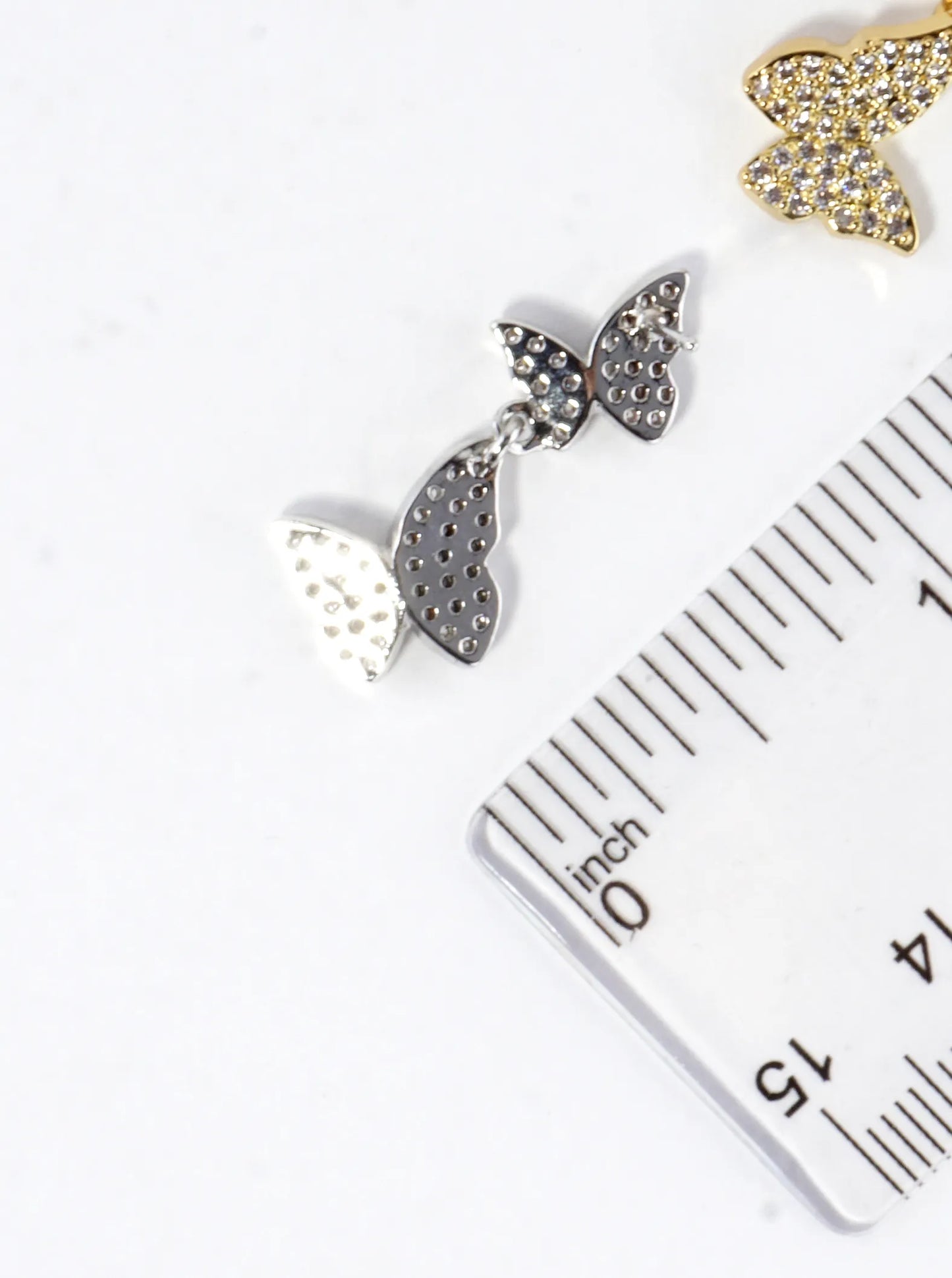 CZ Pave Brass Double Butterfly Dangle Earrings