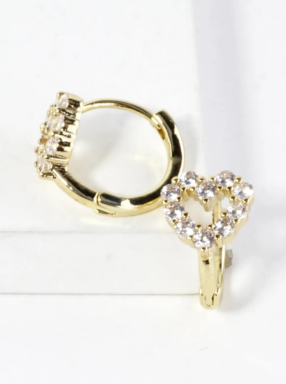CZ Pave Brass Heart Huggie Hoop Earrings