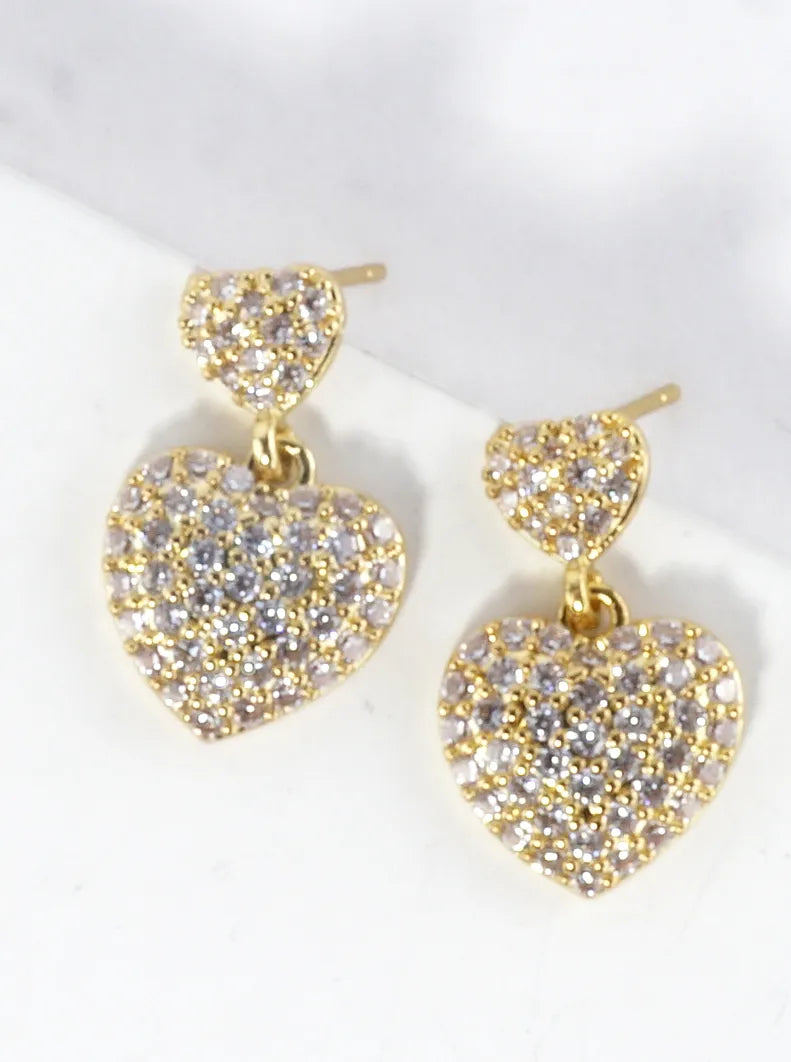 CZ Pave Brass Puff Hearts Dangle Earrings