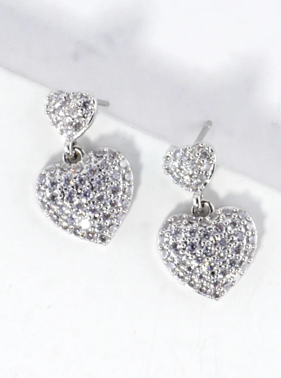 CZ Pave Brass Puff Hearts Dangle Earrings