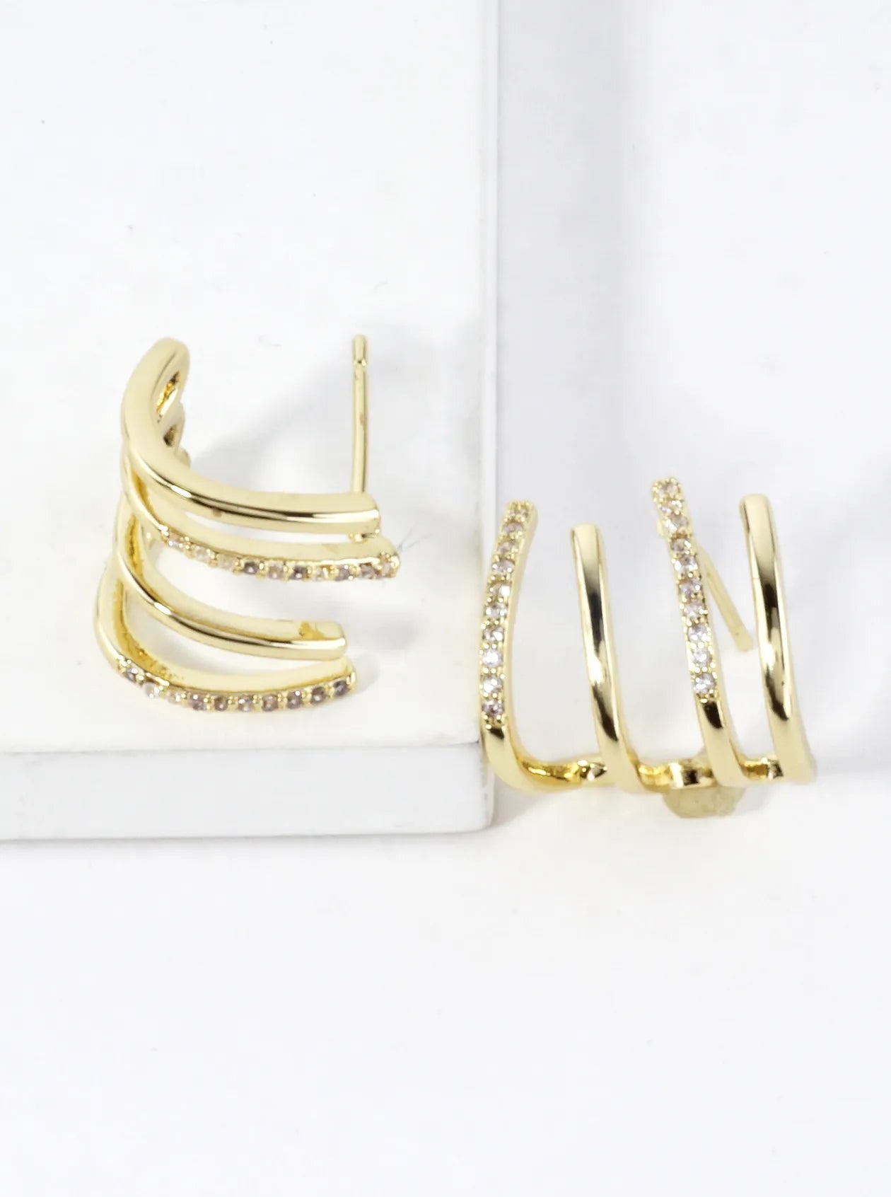 CZ Pave Brass Stacked 4 Row Vertical Earrings