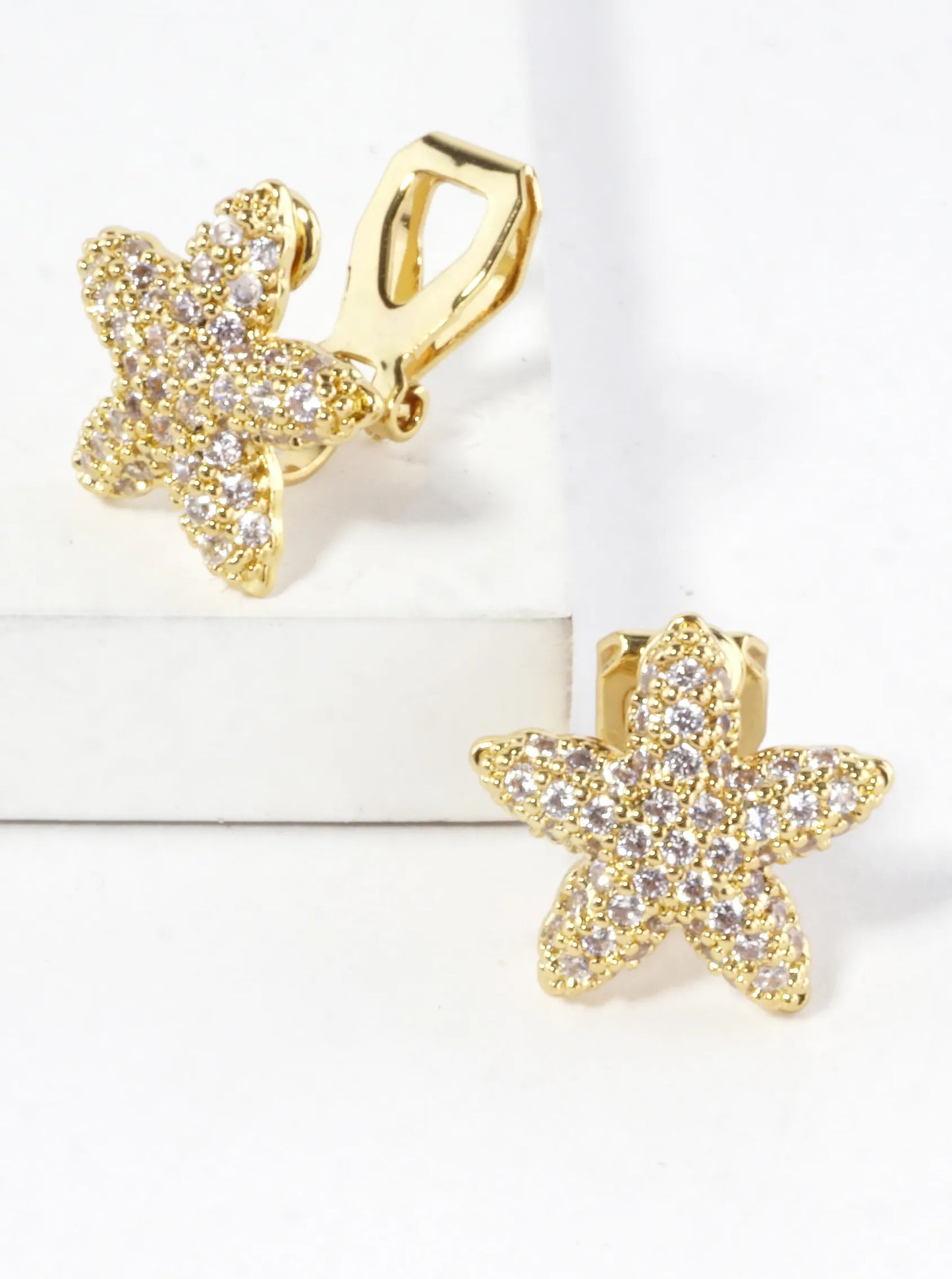 CZ Pave Brass Starfish Clip On Earrings