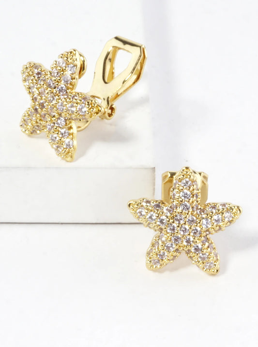 CZ Pave Brass Starfish Clip On Earrings