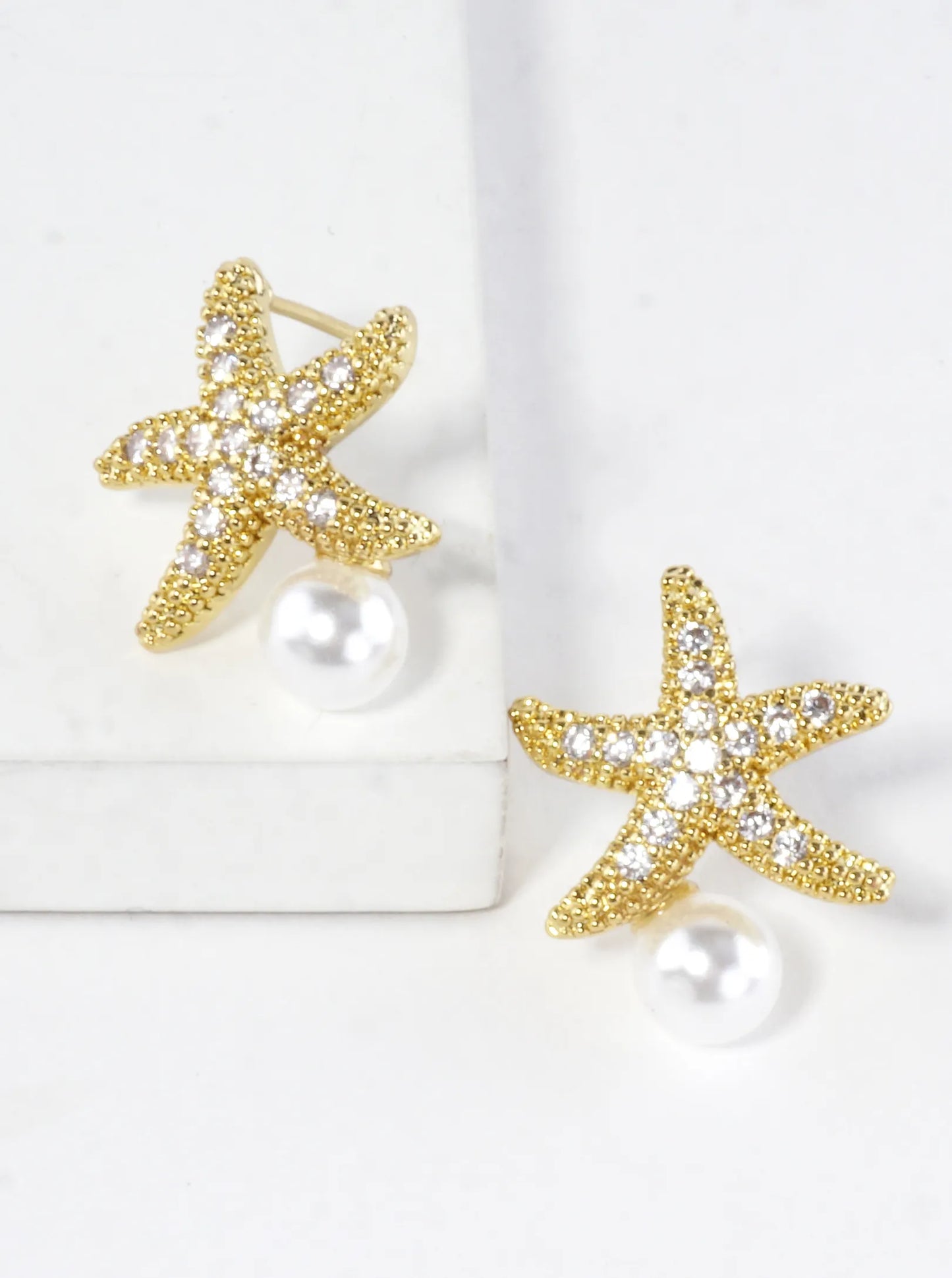 CZ Pave Brass Starfish Pedestal On Pearl Earrings