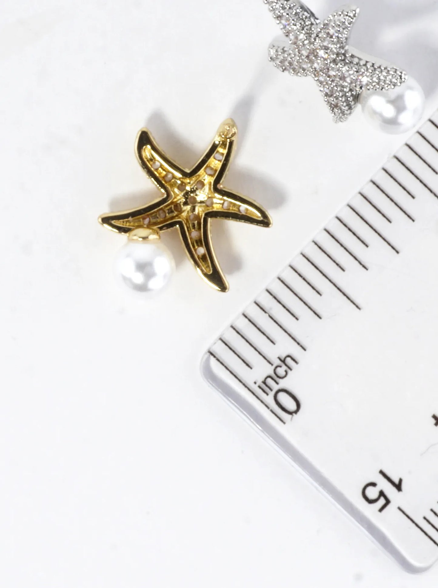 CZ Pave Brass Starfish Pedestal On Pearl Earrings