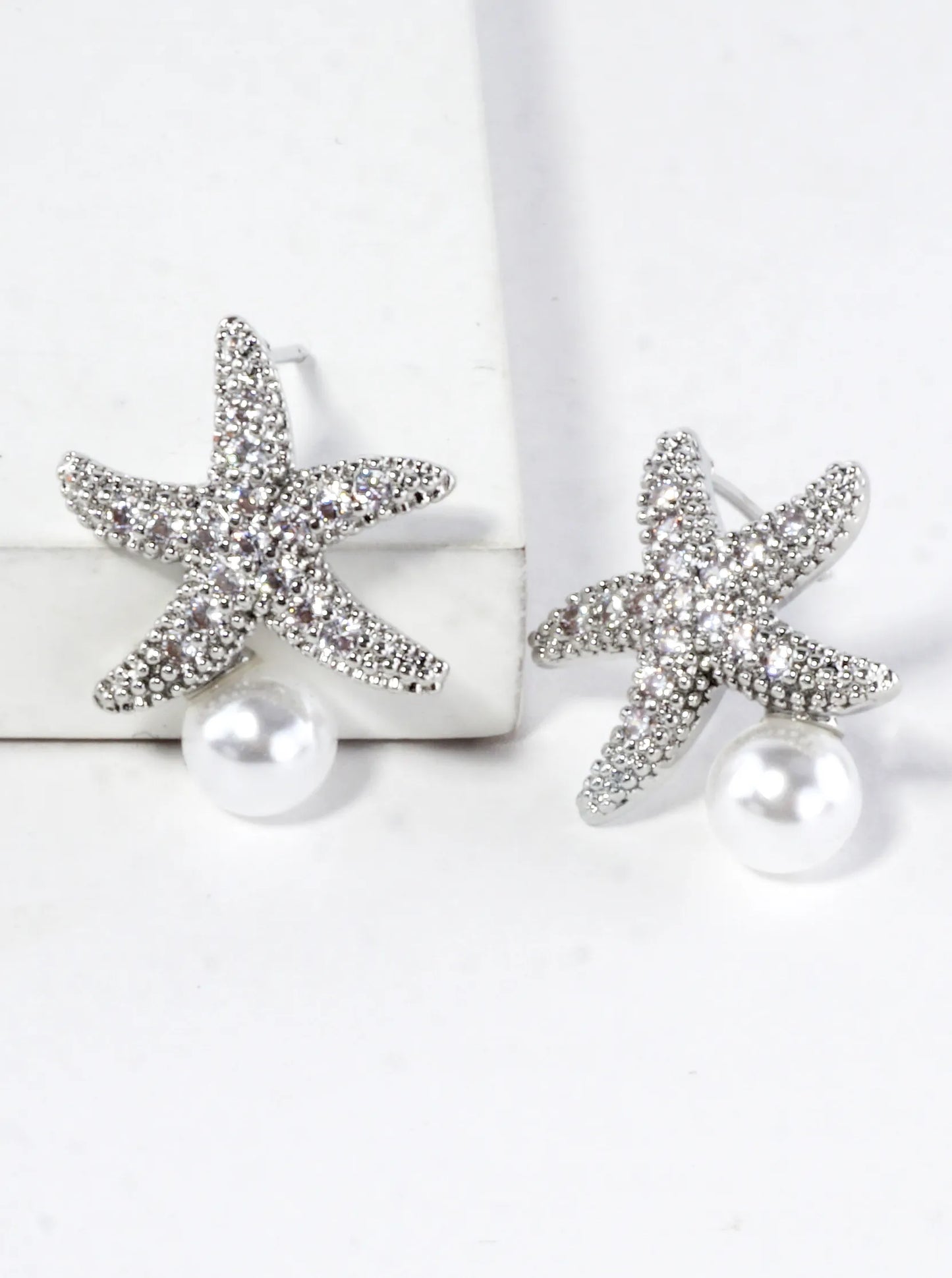 CZ Pave Brass Starfish Pedestal On Pearl Earrings