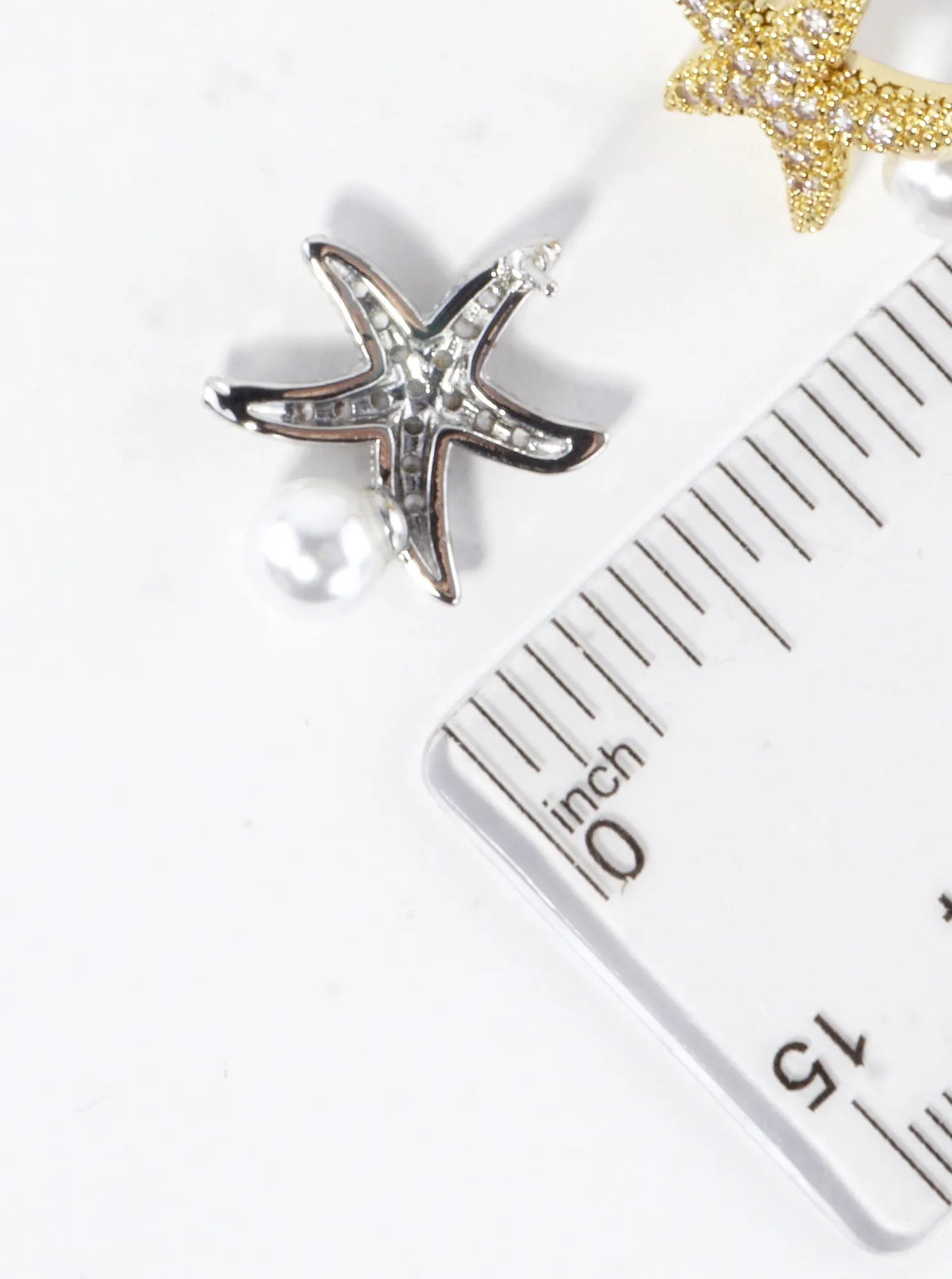 CZ Pave Brass Starfish Pedestal On Pearl Earrings
