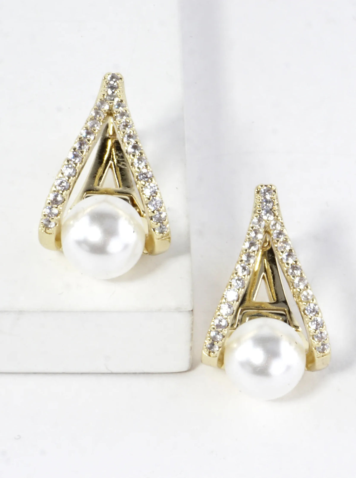 CZ Pave Elegant Curves And Pearl Huggie Earrings
