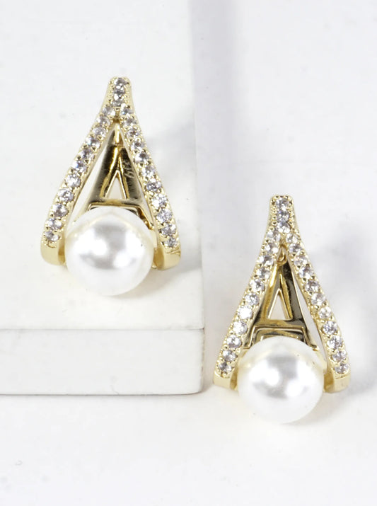 CZ Pave Elegant Curves And Pearl Huggie Earrings