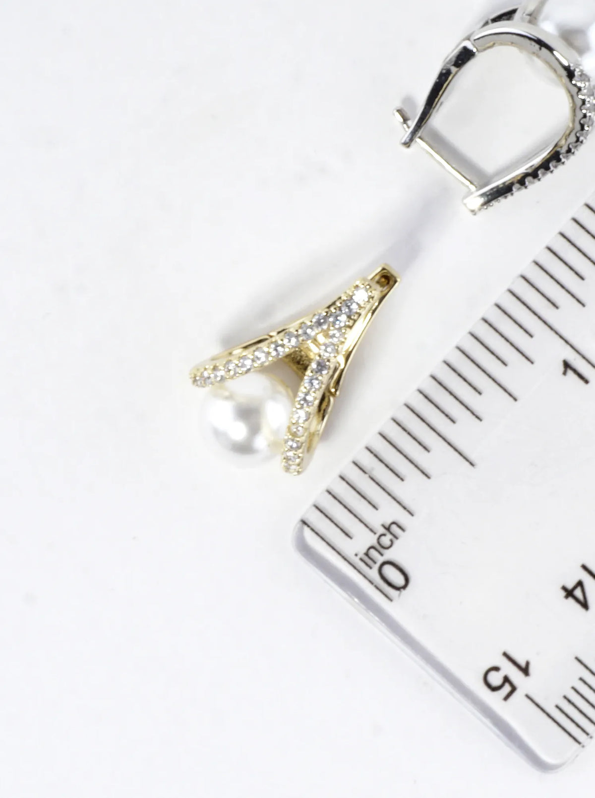 CZ Pave Elegant Curves And Pearl Huggie Earrings