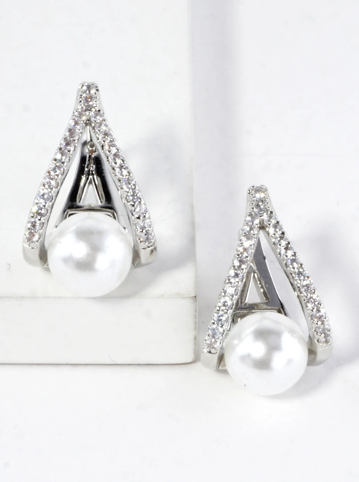 CZ Pave Elegant Curves And Pearl Huggie Earrings