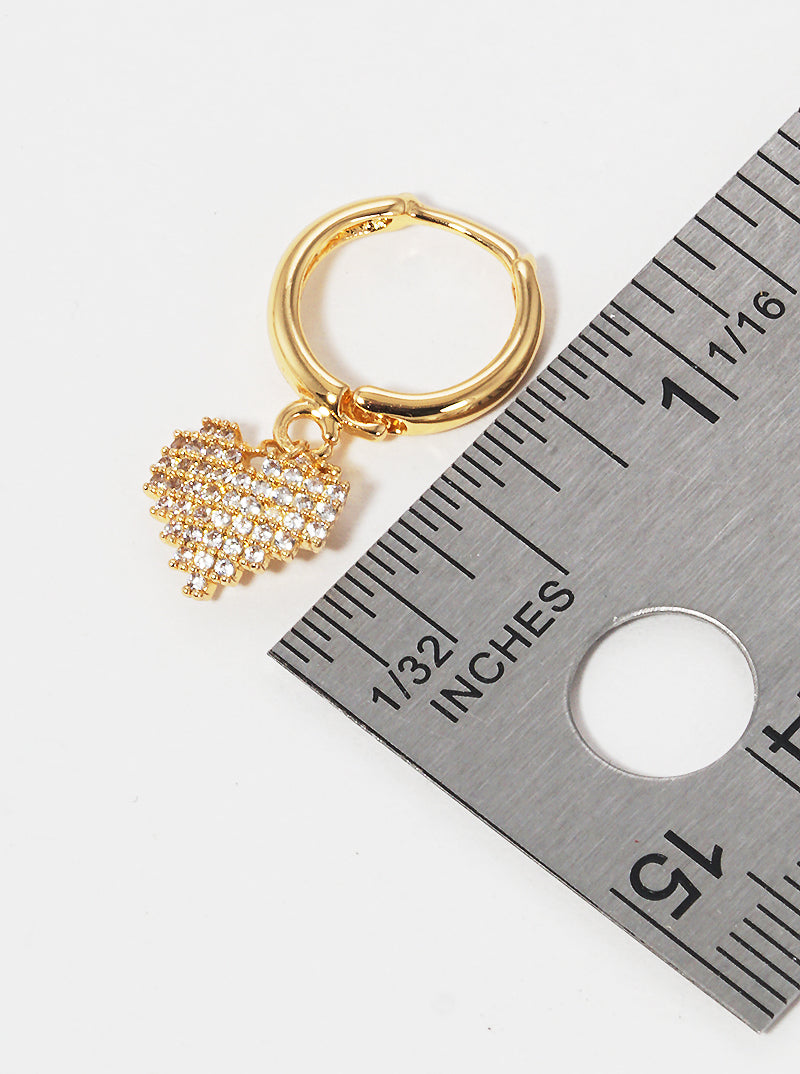 CZ Pave Pixel Heart Drop 10mm Huggie Hoop Earrings
