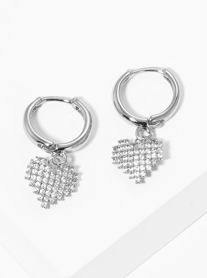 CZ Pave Pixel Heart Drop 10mm Huggie Hoop Earrings