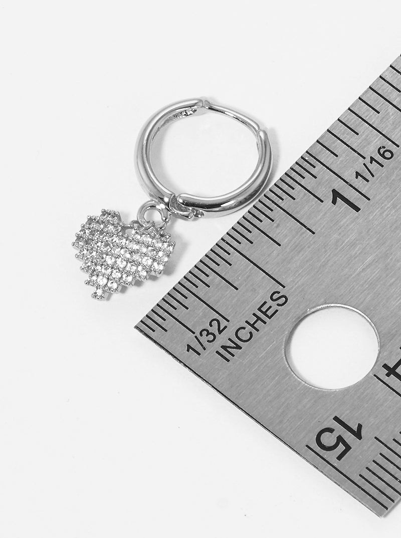 CZ Pave Pixel Heart Drop 10mm Huggie Hoop Earrings