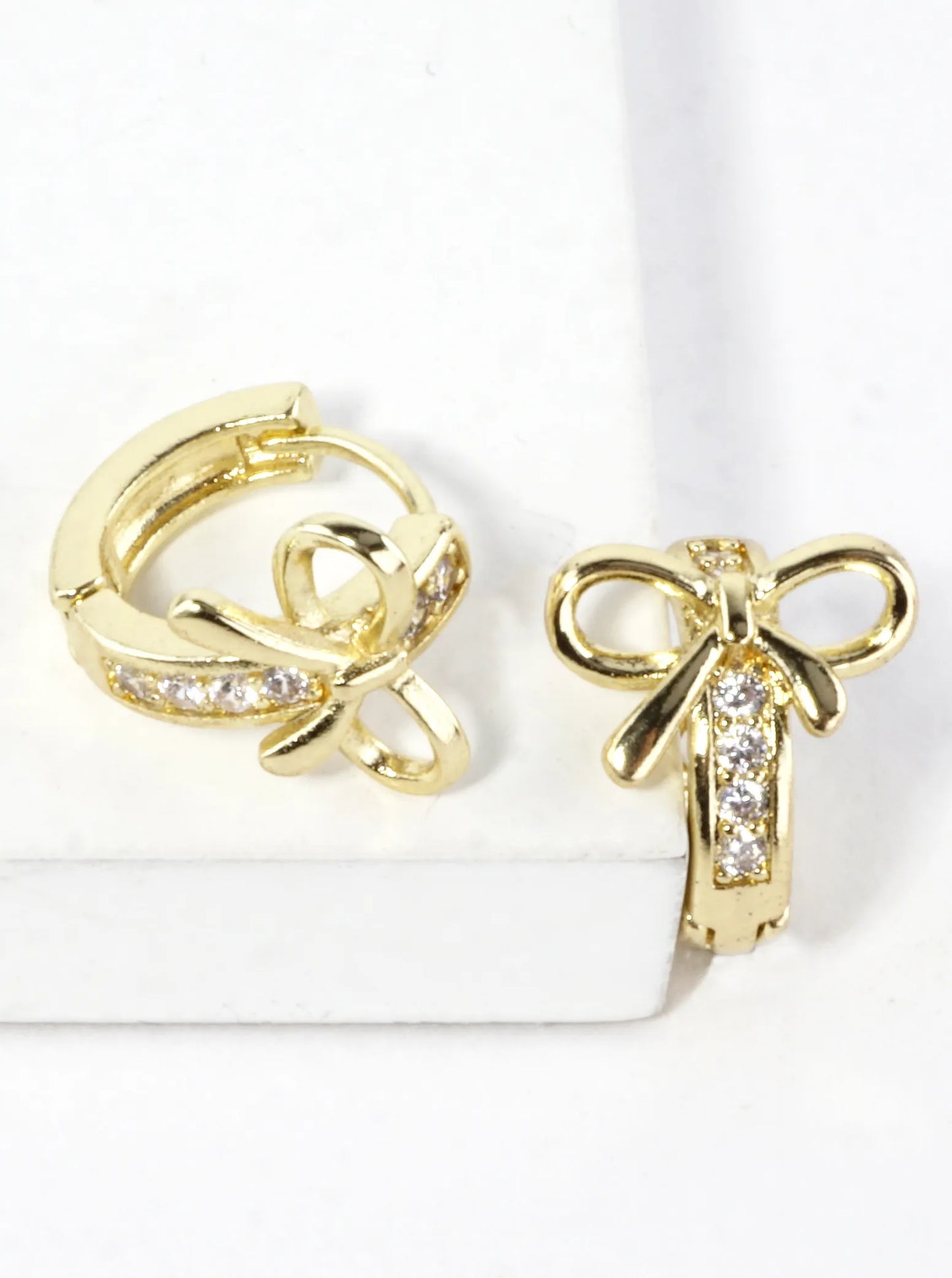 CZ Pave Polished Ribbon Bow Huggie Hoop Earrings